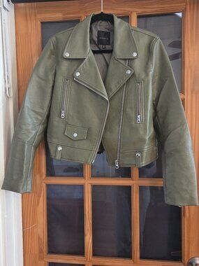 Dynamite Olive Green Faux Leather Biker Jacket XS Cropped Moto Style